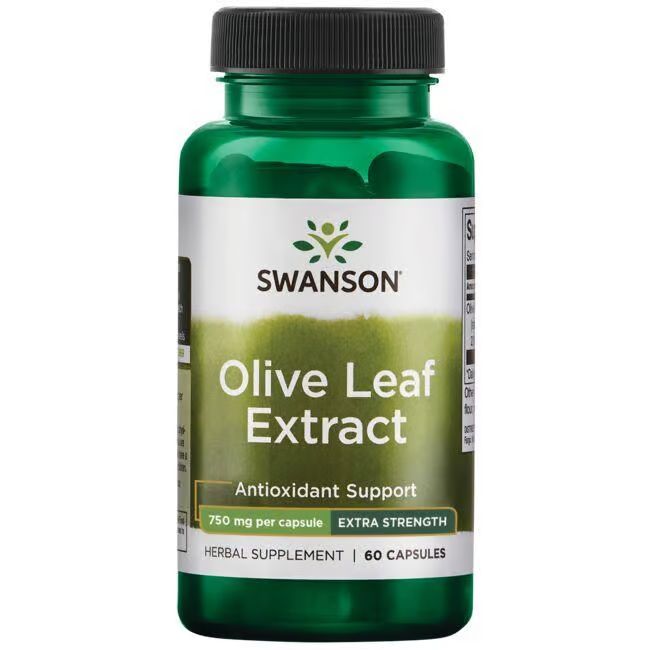 Grüne Flasche mit schwarzem Deckel. Aufschrift: SWANSON Olivenblattextrakt, 750 mg pro Kapsel, 60 Kapseln.