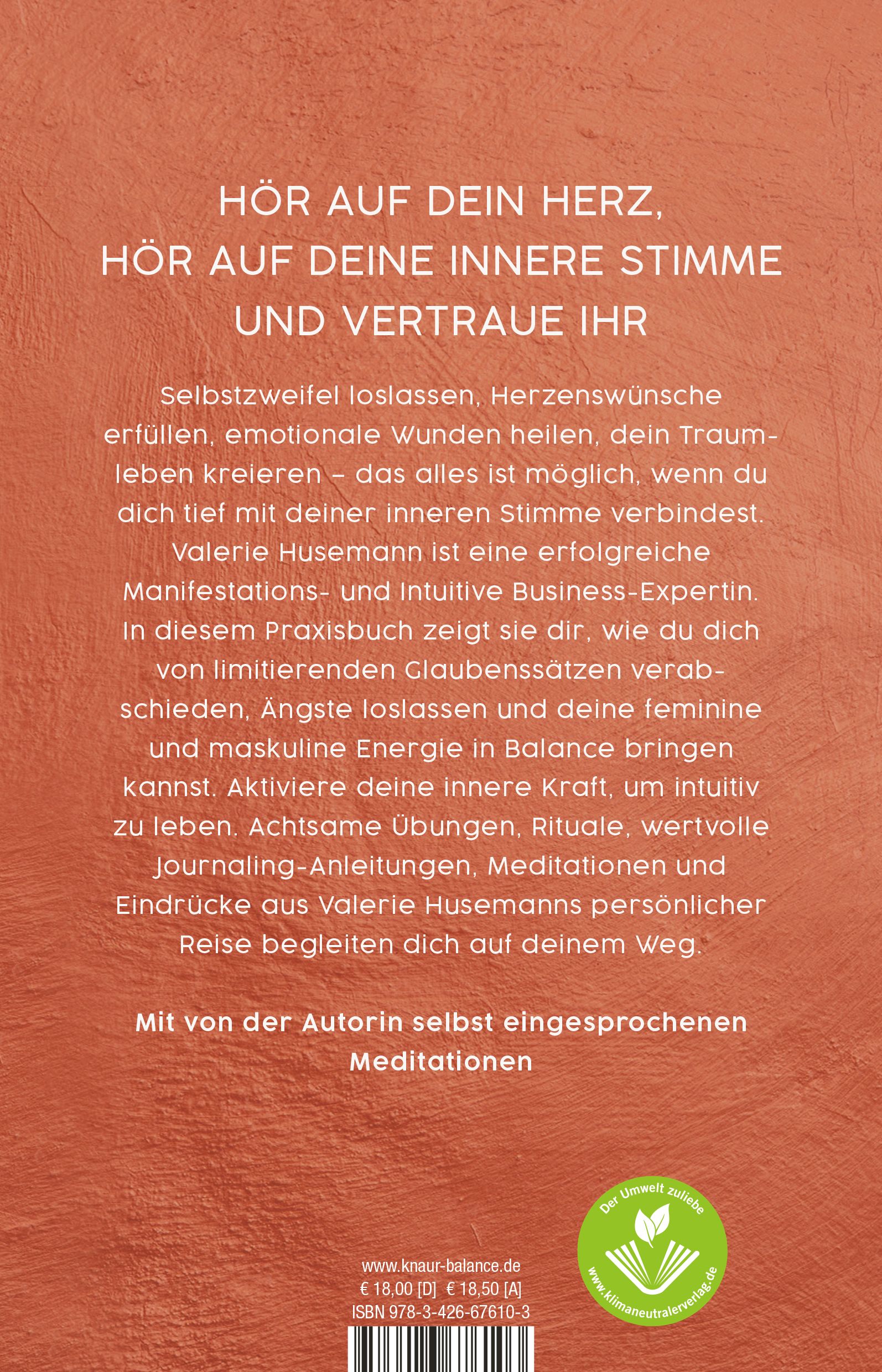 Rückseite des Buches "Hör auf dich!". Text in deutscher Sprache. Logo "Der Umwelt zuliebe". ISBN-Code und Preis.