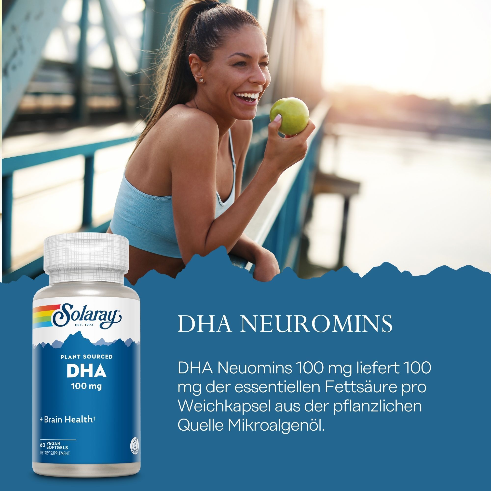 Blaue Flasche mit weißem Deckel. Aufschrift: Solaray, DHA Neuromins 100 mg. Frau isst Apfel.