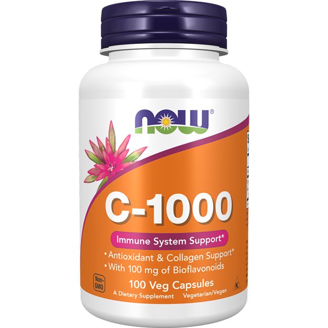 Weiße Flasche mit orangefarbenem Etikett. Aufschrift: C-1000, NOW. Enthält 100 Veg-Kapseln. Für Immunsystem-Unterstützung.