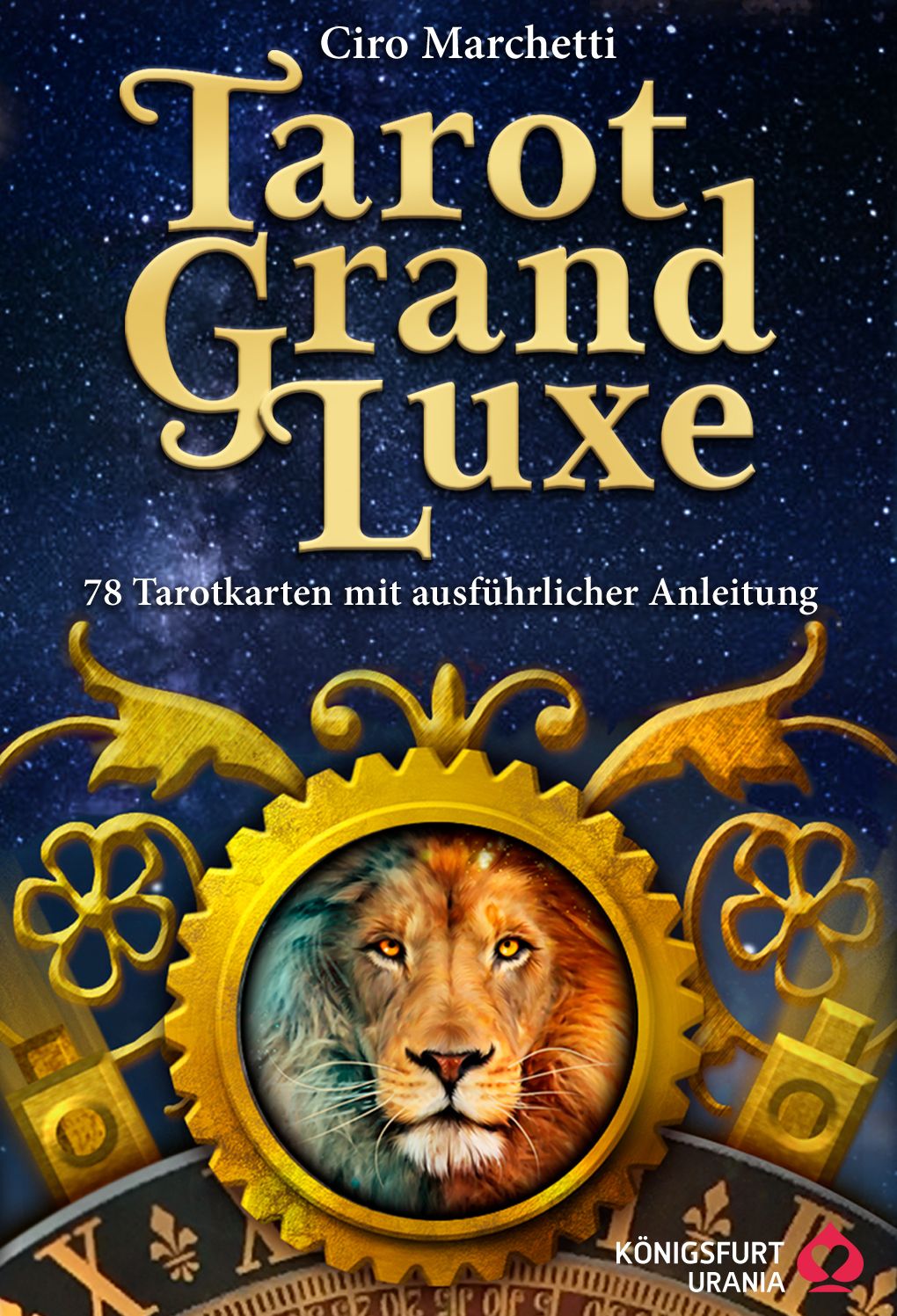 Buchcover mit Titel "Tarot Grand Luxe". Darunter "78 Tarotkarten mit ausführlicher Anleitung". Abbildung eines Löwen in einem Zahnrad.