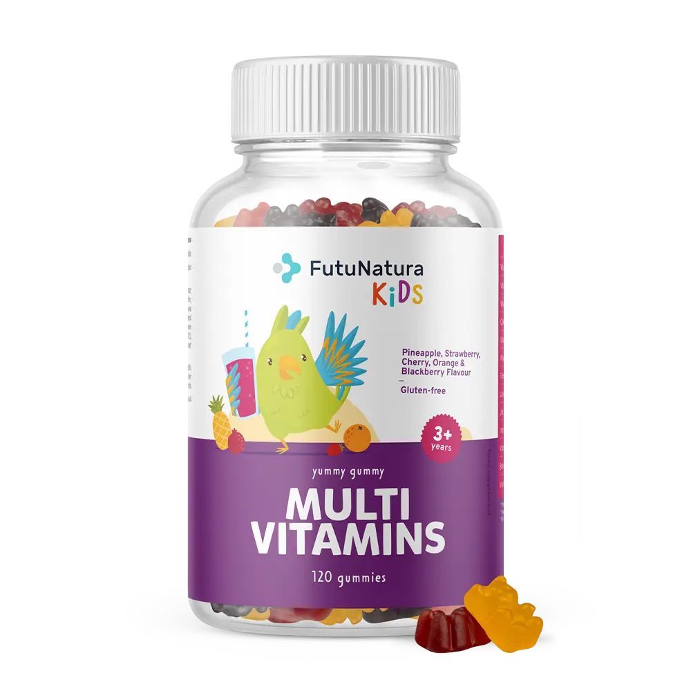 Flasche FutuNatura Kids Multi Vitamins Gummis. Aufschrift: Multi Vitamins, 120 Gummis. Cartoon-Papagei. Geschmack: Ananas, Erdbeere, Kirsche, Orange, Himbeere.