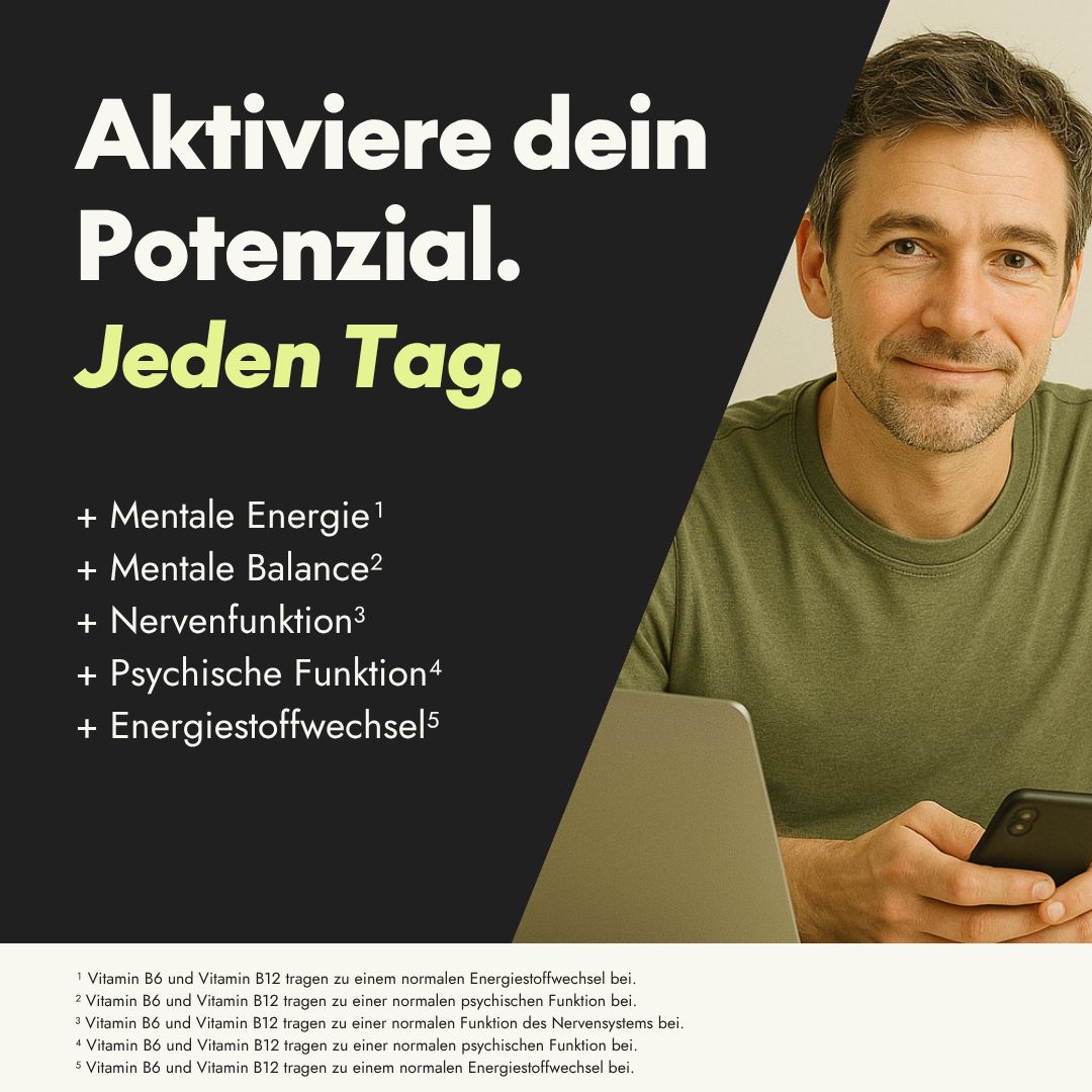 Mann mit Smartphone und Laptop. Text: Aktiviere dein Potenzial. Jeden Tag. + Mentale Energie, Balance, Nervenfunktion, psychische Funktion, Energiestoffwechsel.