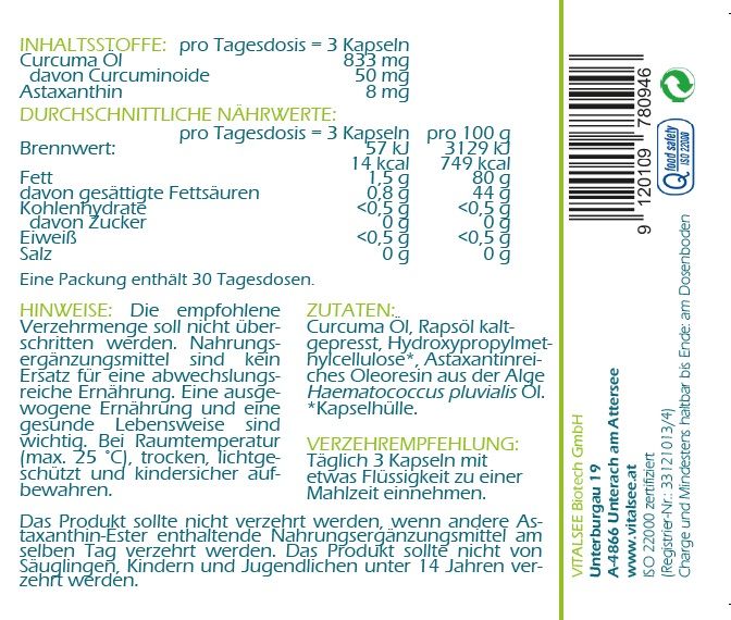 Etikett mit Nährwertangaben und Inhaltsstoffen. Enthält Curcuma, Curcuminoide, Astaxanthin. 30 Tagesdosen. ISO 22000 zertifiziert.