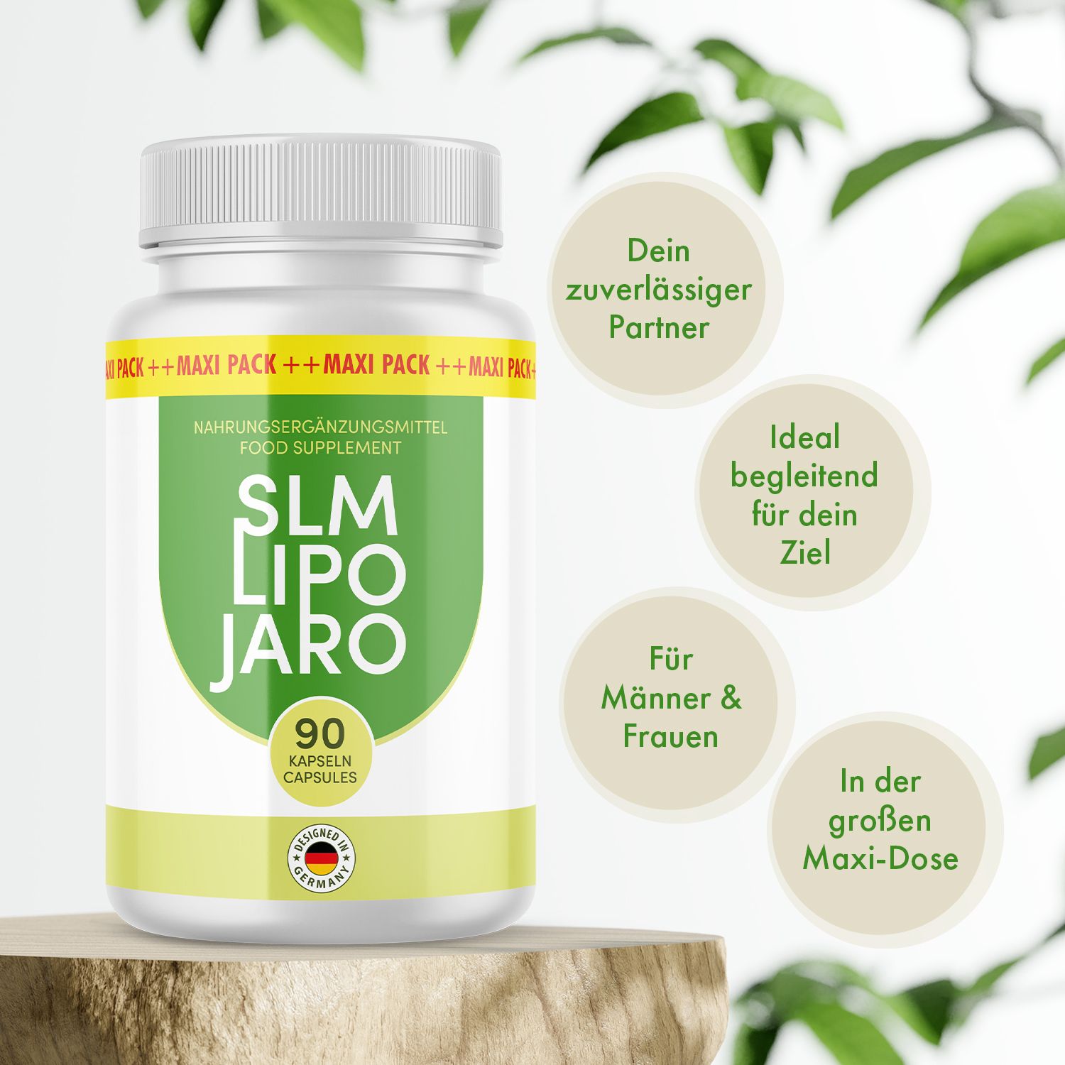 Weißes Pillenbehälter mit grünem Etikett. Aufschrift: SLM LIPO JARO, 90 Kapseln. Mit deutschem Qualitätssiegel. Auf Holzsockel.