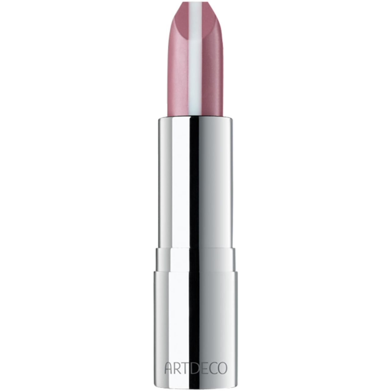 Lippenstift mit silberfarbener Hülse. Der Lippenstift hat eine rosa Farbe mit einem weißen Streifen in der Mitte. Der Schriftzug ARTDECO ist sichtbar.