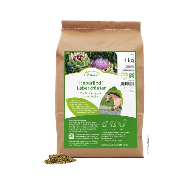 PerNaturam Heparlind Leberkräuter in brauner Papiertüte. Etikett mit Produktinformationen. Kleie liegt davor.