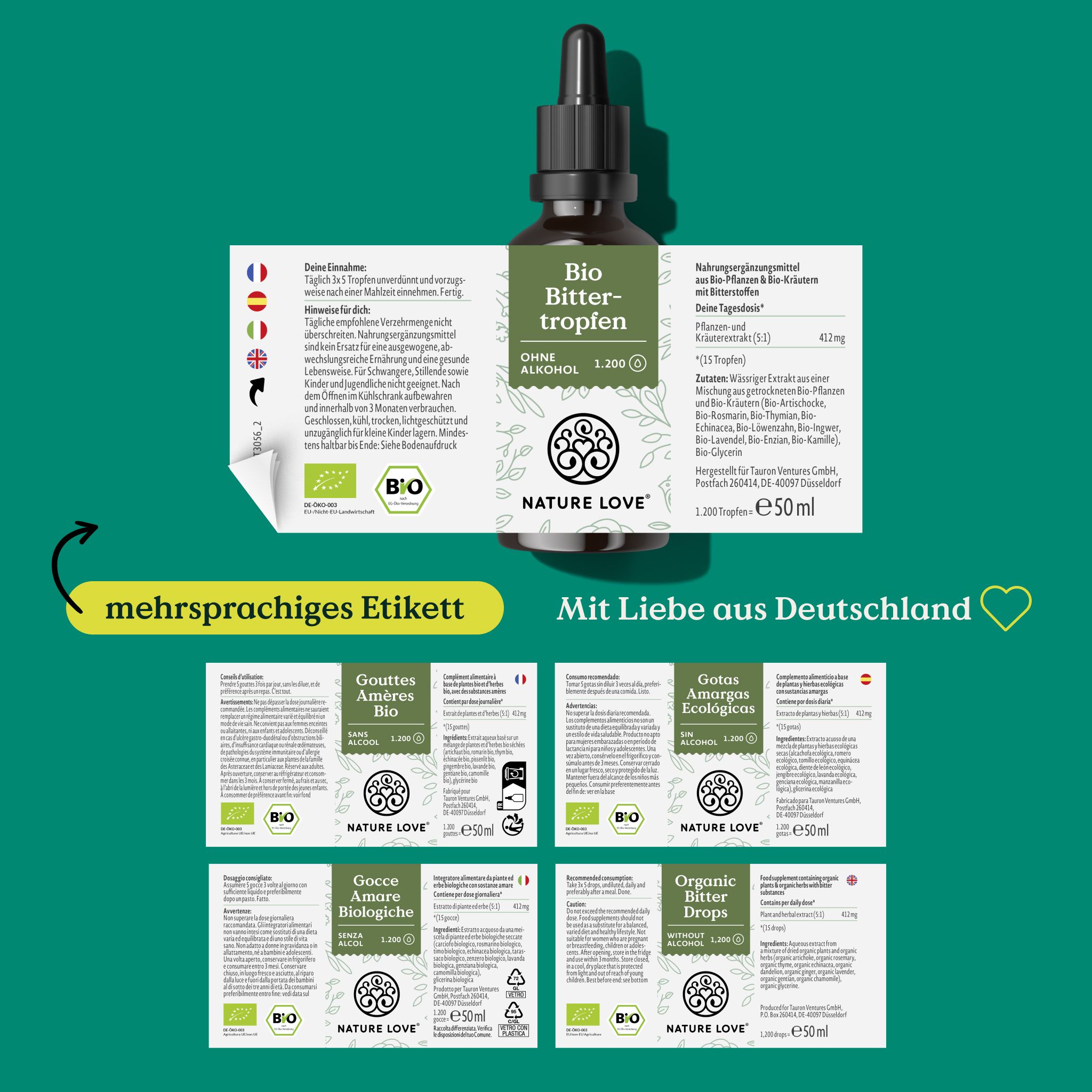 Produktflasche mit abgelöstem Etikett, zeigt mehrsprachige Informationen. Etiketten in Deutsch, Italienisch, Niederländisch, Französisch.