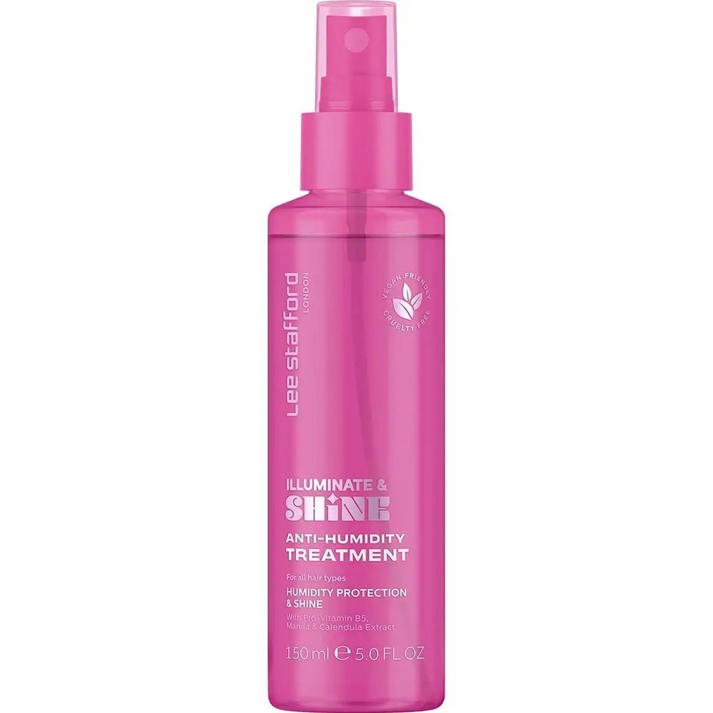 Rosa Haarspray-Flasche. Text: Lee Stafford, Illuminate & Shine, Anti-Humidity Treatment. 150 ml.