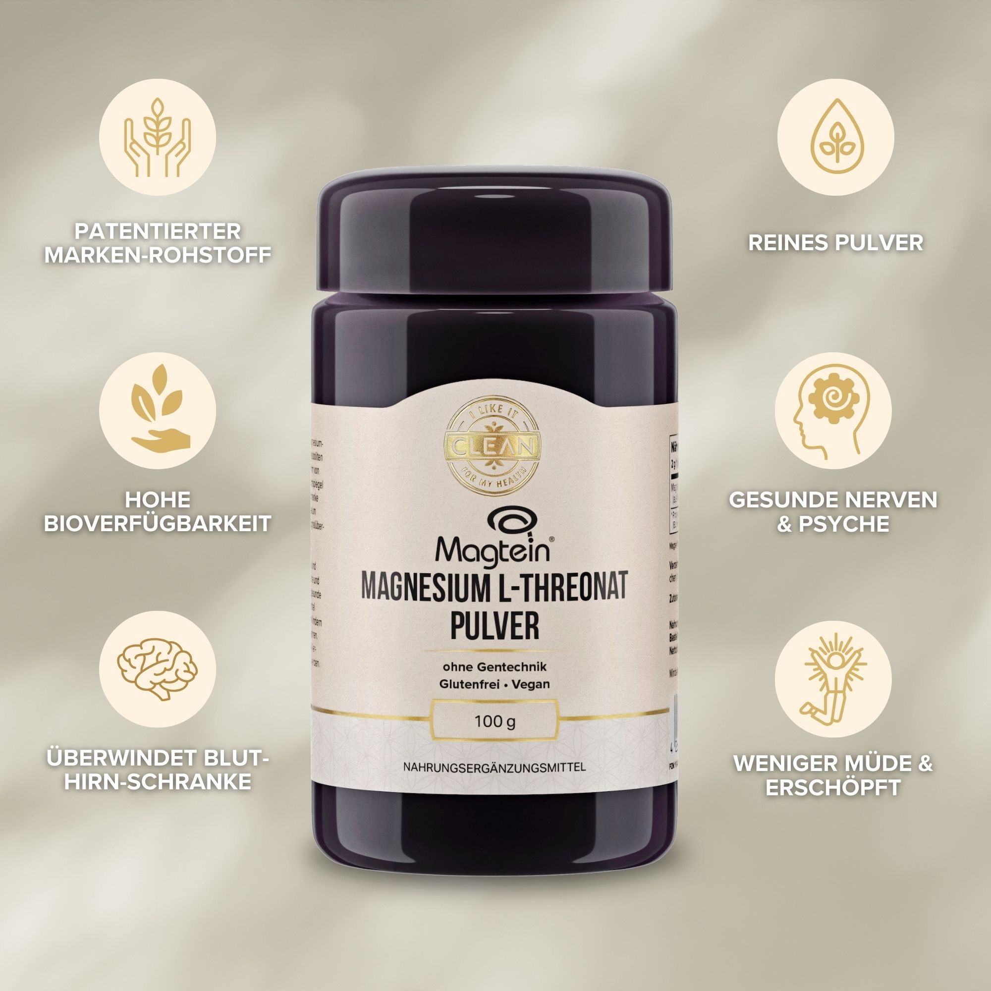 Dunkle Dose mit Magnesium L-Threonat Pulver. Aufschrift: Magtein, 100g, ohne Gentechnik, glutenfrei, vegan. Mit Icons.
