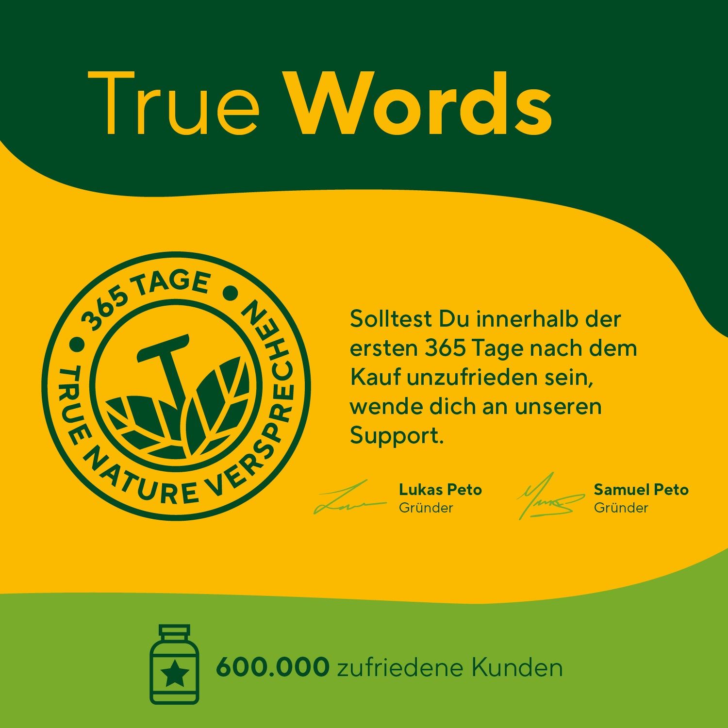 Logo mit Schild und Haken. Text: 365 Tage Zufriedenheitsversprechen. Unterschriften: Lukas Peto, Samuel Peto. 600.000+ zufriedene Kunden.