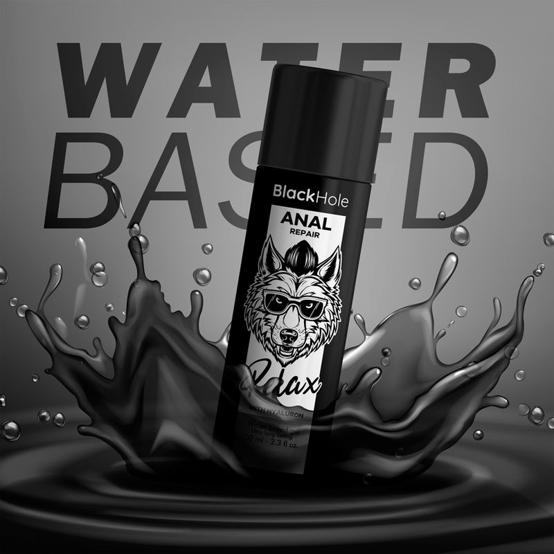 Schwarze Flasche "Black Hole Anal Repair" in Wasser-Splash. Text: "Water Based". Wolf-Design. "Relax with Hyaluron".