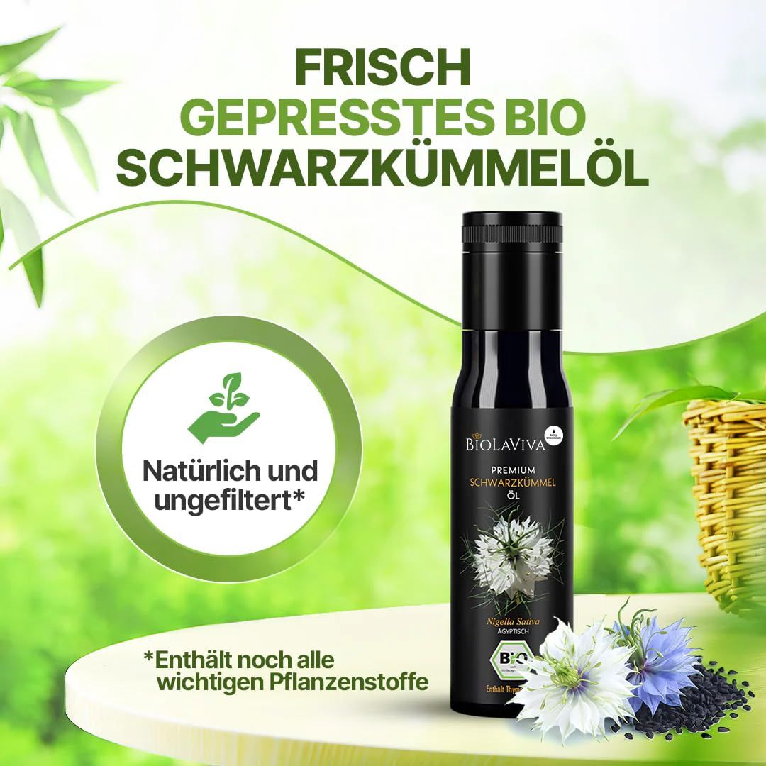 BIOLAVIVA Premium Schwarzkümmelöl Flasche. Schwarze Flasche, schwarzer Deckel. BIO-Siegel. Text: Natürlich und ungefiltert.