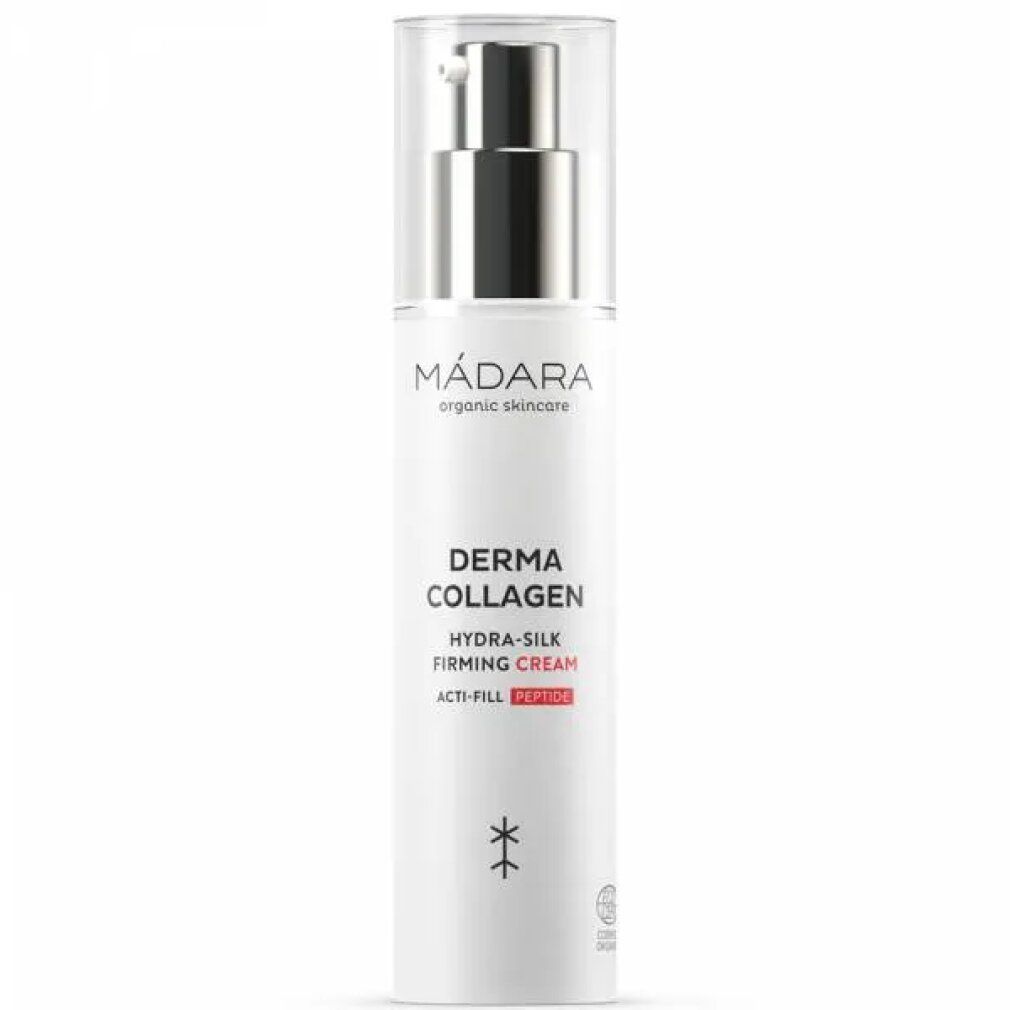 Weiße Flasche mit Pumpverschluss. Aufschrift: Mádara, Derma Collagen Hydra-Silk Firming Cream. Mit Zertifizierung.