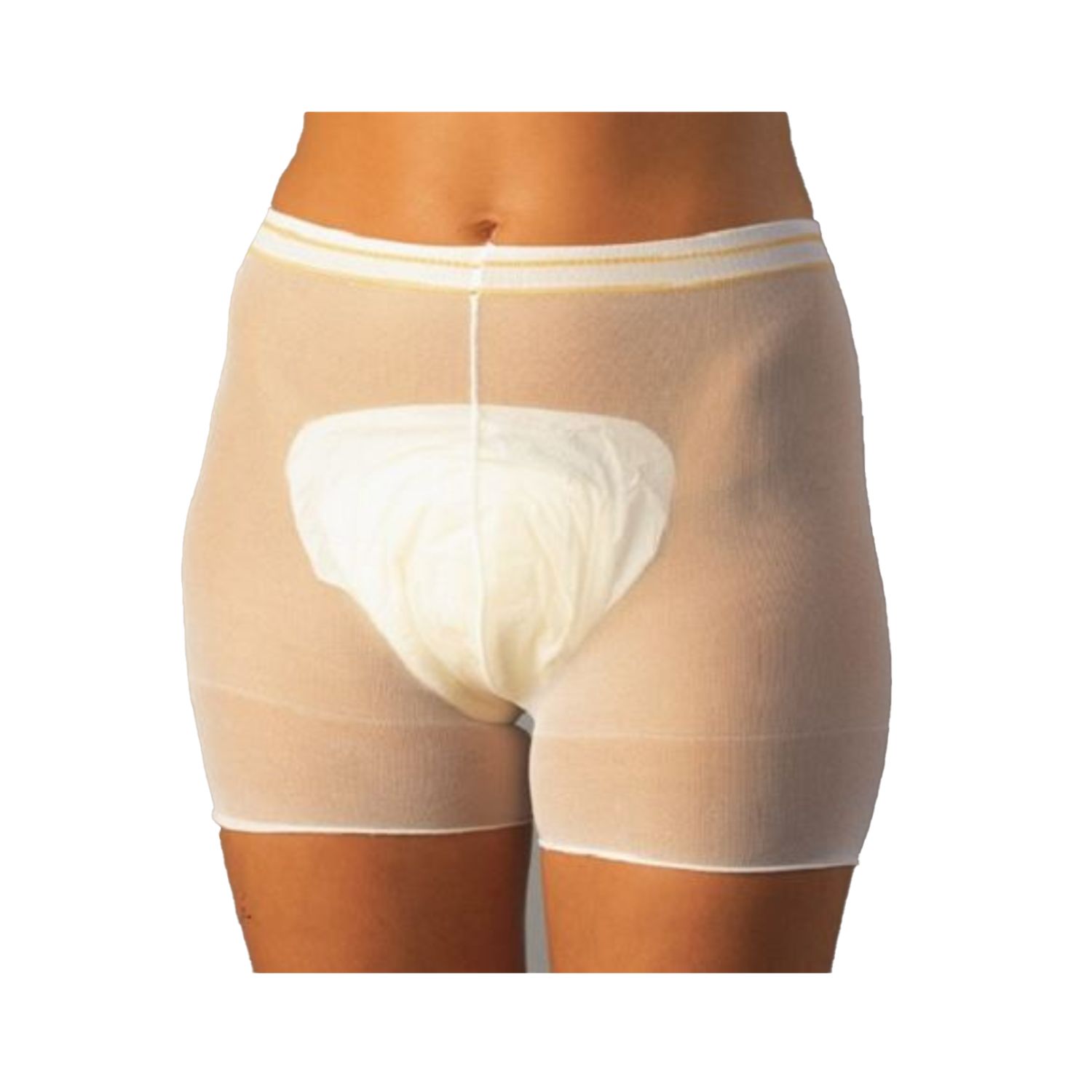 Netzhose mit Einlage. Beige, elastisch, kurz. Zeigt den Unterleib einer Person. Die Einlage ist weiß und liegt im Schritt.