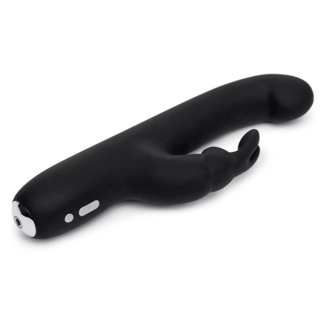 Schwarzer Vibrator mit Hasenohren-Design. Längliche Form mit abgerundeter Spitze und Bedienknöpfen.
