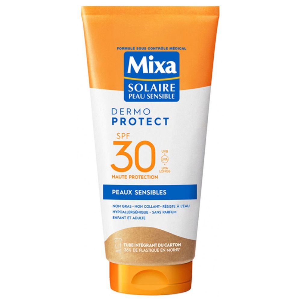 Sonnenmilch-Tube. Weiß-orangefarbenes Design. Aufschrift: Mixa, Solaire, Dermo Protect, SPF 30, Peaux Sensibles. Für empfindliche Haut.
