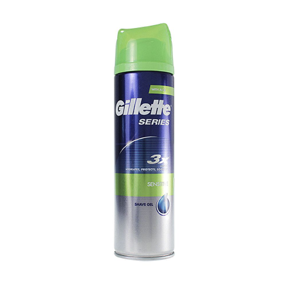Gillette Series Rasiergel für empfindliche Haut. Dose mit grünem Deckel und silbernem Körper. Blaue und grüne Etiketten mit Text.