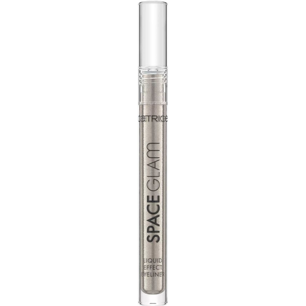 Flüssiger Eyeliner Space Glam Effekt, silberfarben, mit transparentem Deckel. Schriftzug SPACE GLAM und LIQUID EFFECT EYELINER.