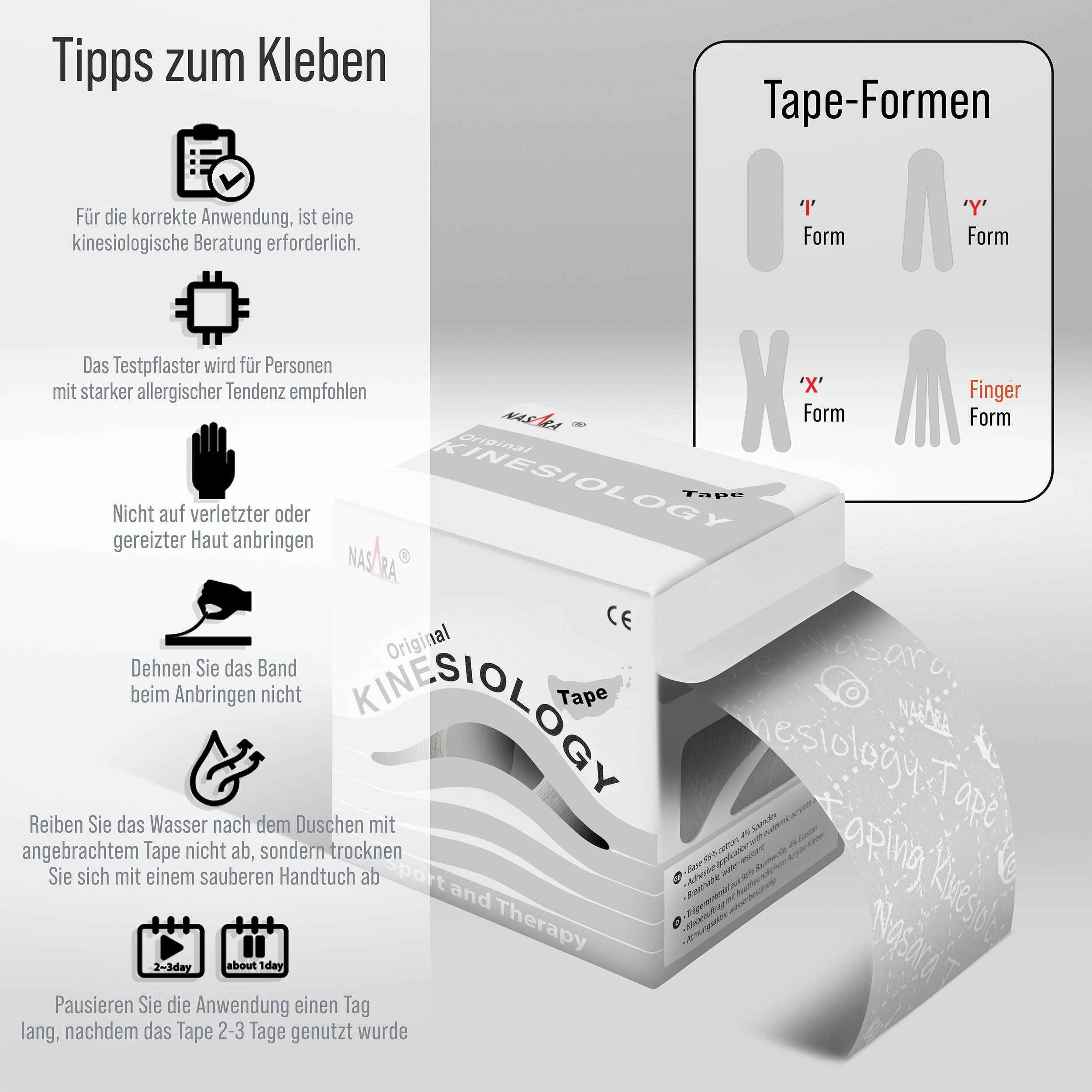 Box mit Kinesiologie Tape. Text: Tipps zum Kleben, Tape-Formen. Kinesiologie Tape wird abgerollt.