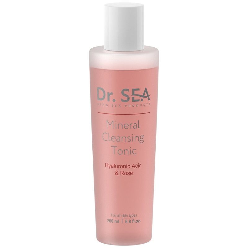 Rosa-Tonic-Flasche. Aufschrift: Dr. Sea, Mineral Cleansing Tonic, Hyaluronsäure & Rose. 200 ml.