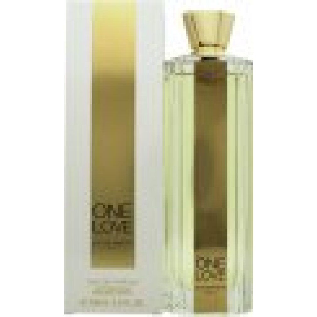 Parfümflakon und Verpackung. Flakon mit goldfarbenem Verschluss. Aufschrift "ONE LOVE" und "SCHERRER PARIS".