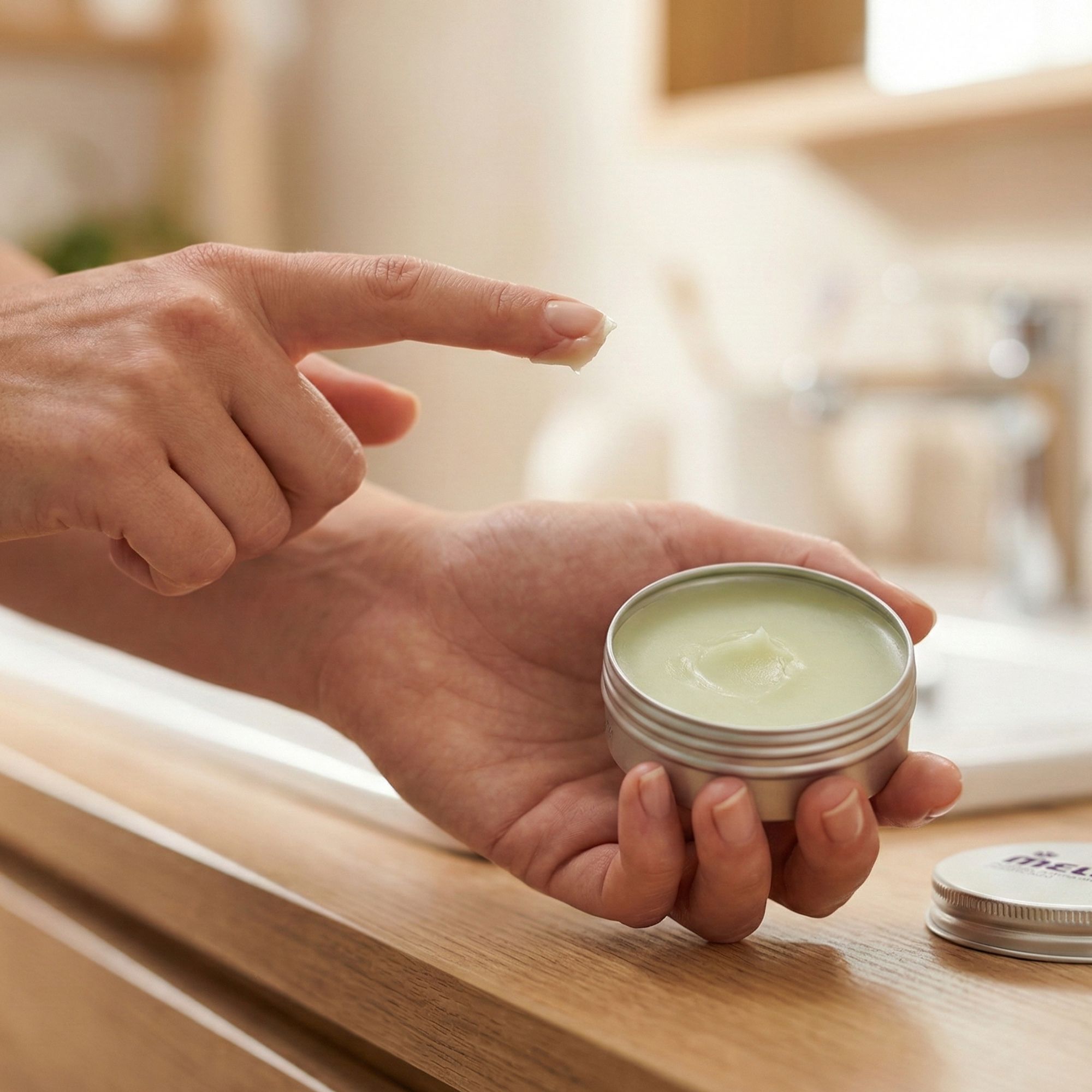 Hände halten eine offene, silberne Dose mit Creme. Ein Finger berührt die Creme.