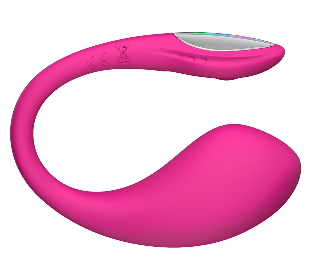 Pinker G-Punkt-Vibrator mit gebogenem Design, beleuchtetem Bedienfeld und CE-Zeichen.
