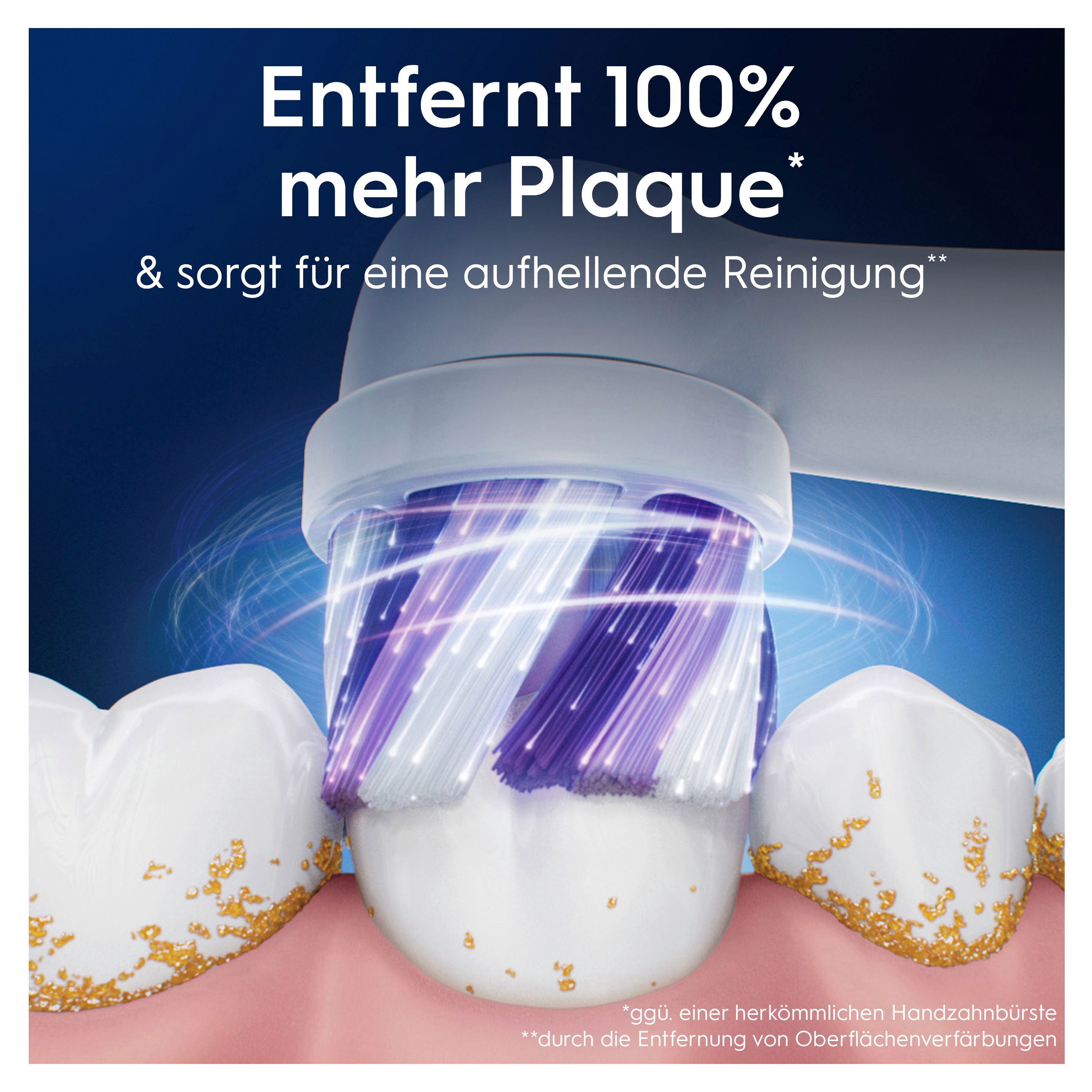 Zahnbürstenkopf mit violetten und weißen Borsten, der Zähne reinigt. Text: Entfernt 100% mehr Plaque & sorgt für eine aufhellende Reinigung.