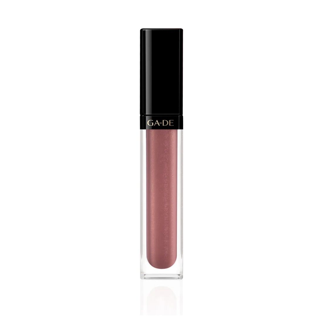 Ga-De Crystal Lights Lipgloss. Transparente Tube mit schwarzem Deckel. Rosa Lipgloss-Farbe sichtbar.