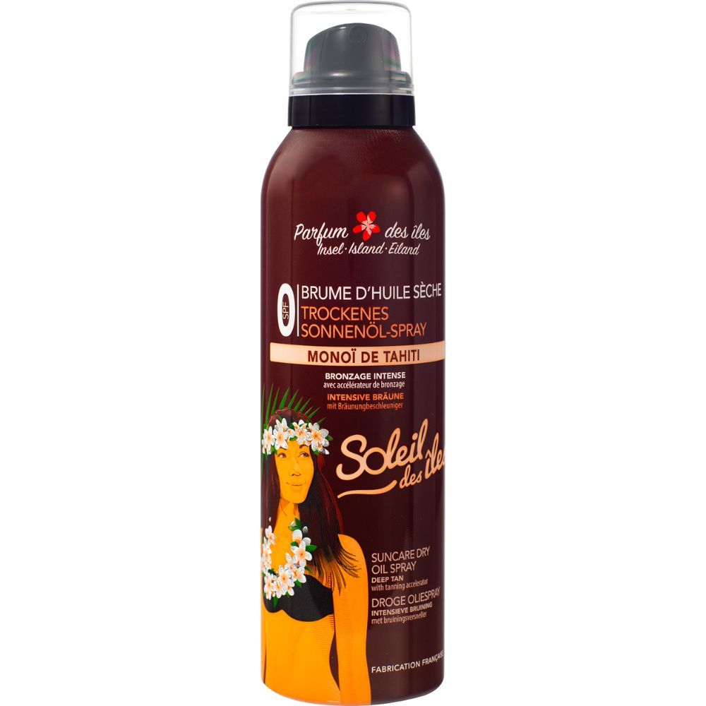 Braunes Spray mit schwarzem Sprühkopf. Aufdruck: "Soleil des îles". Illustration einer Frau mit Blumenkranz. Text: "Brume d'huile sèche".