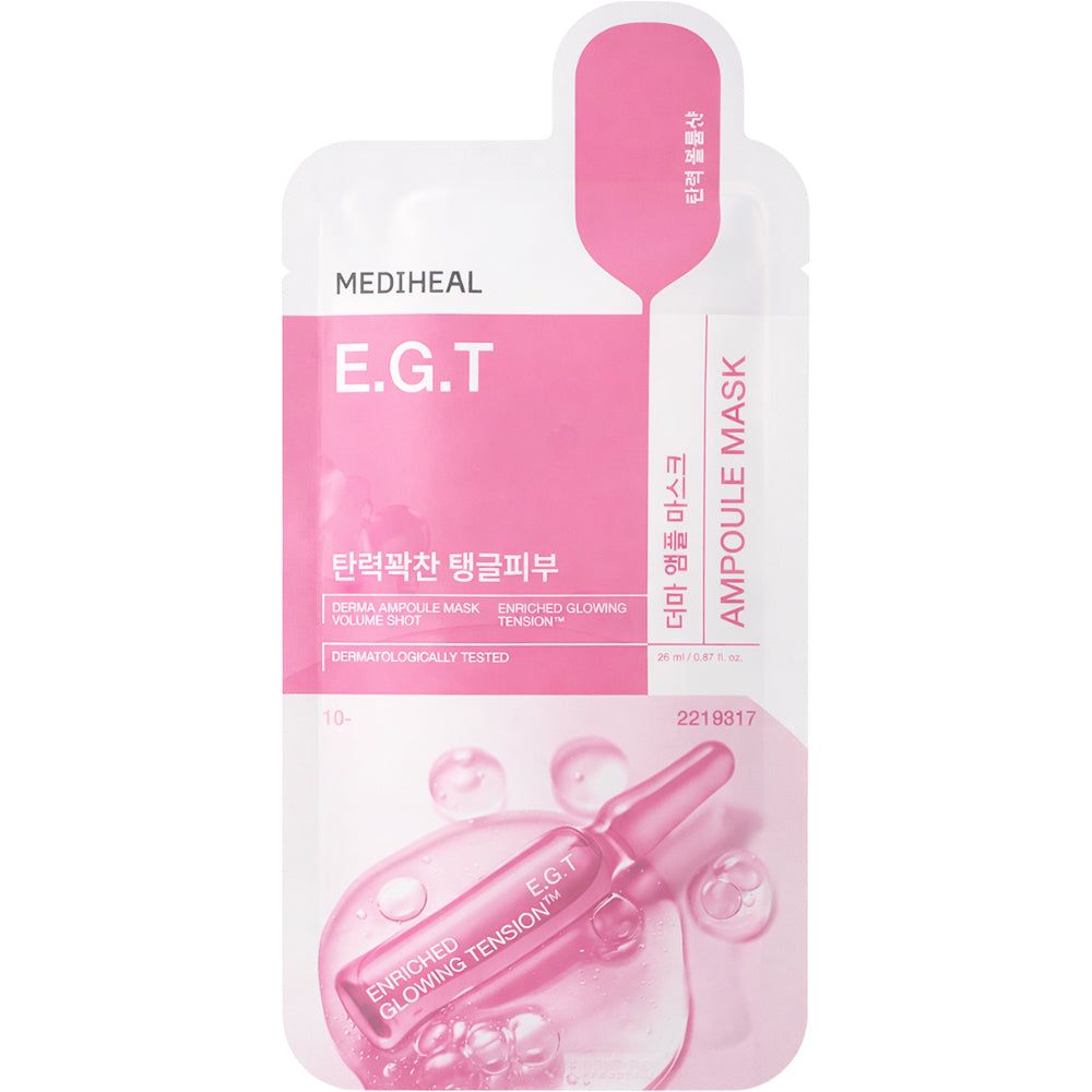Rosa MEDIHEAL Derma Ampoule Tuchmaske E.G.T. Verpackung mit Ampulle. Text: E.G.T, Ampoule Mask, Enriched Glowing Tension.
