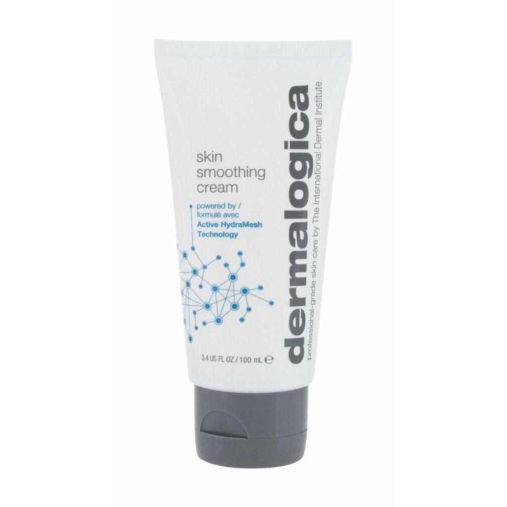 Weiße Tube mit grauer Kappe. Aufschrift: skin smoothing cream, Dermalogica Logo, 3.4 US FL OZ / 100 ml.
