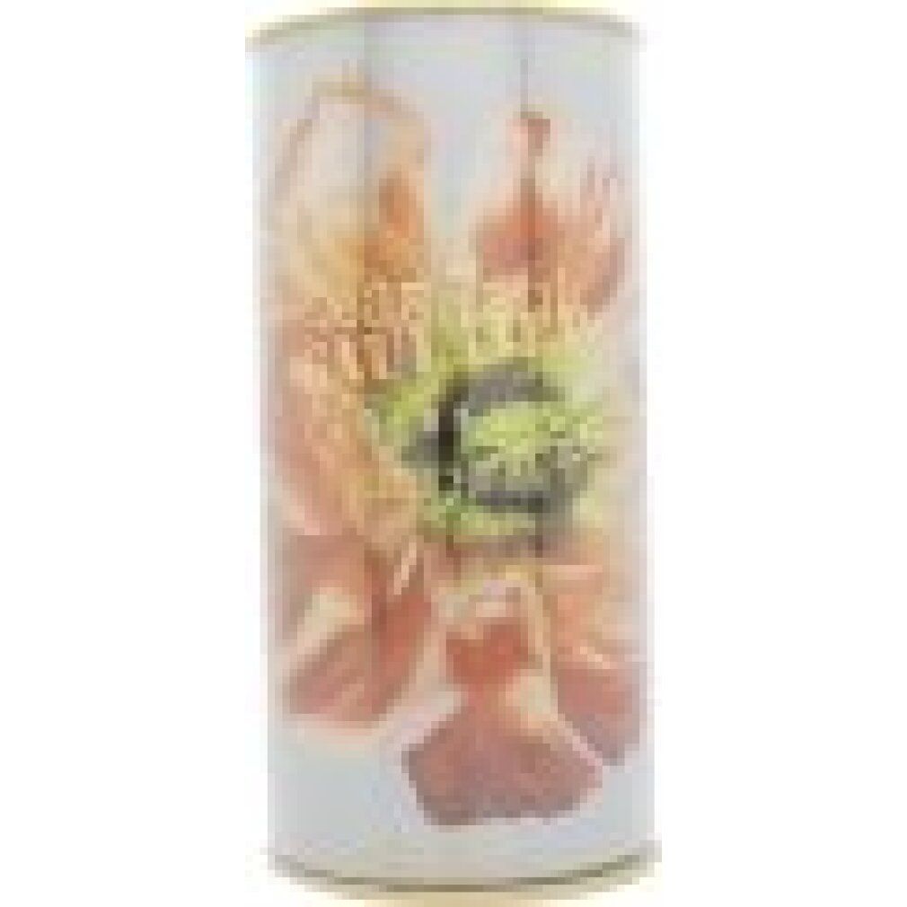 Zylinderverpackung mit Blumenmotiv und Schriftzug. Goldfarbener Rand.