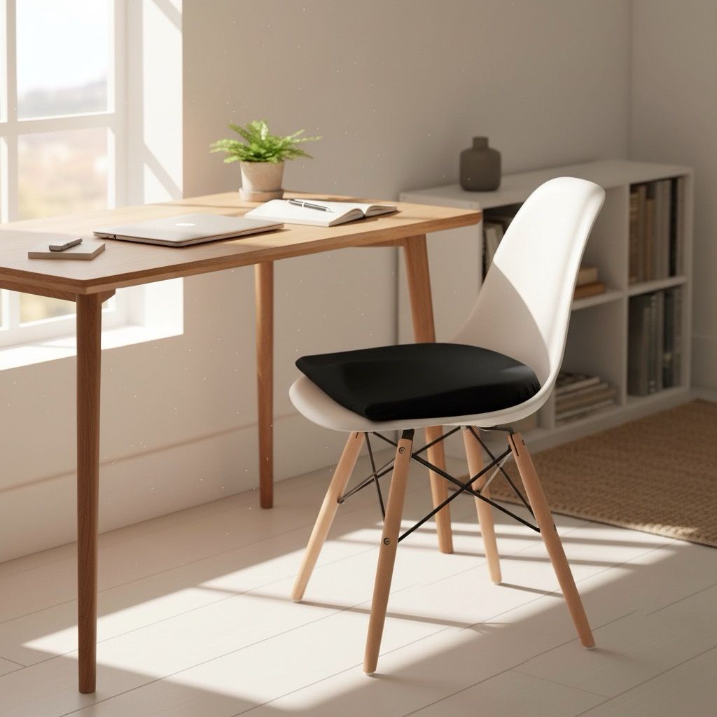 Schwarzes, keilförmiges Sitzkissen auf einem Stuhl. Tisch mit Laptop und Pflanze.