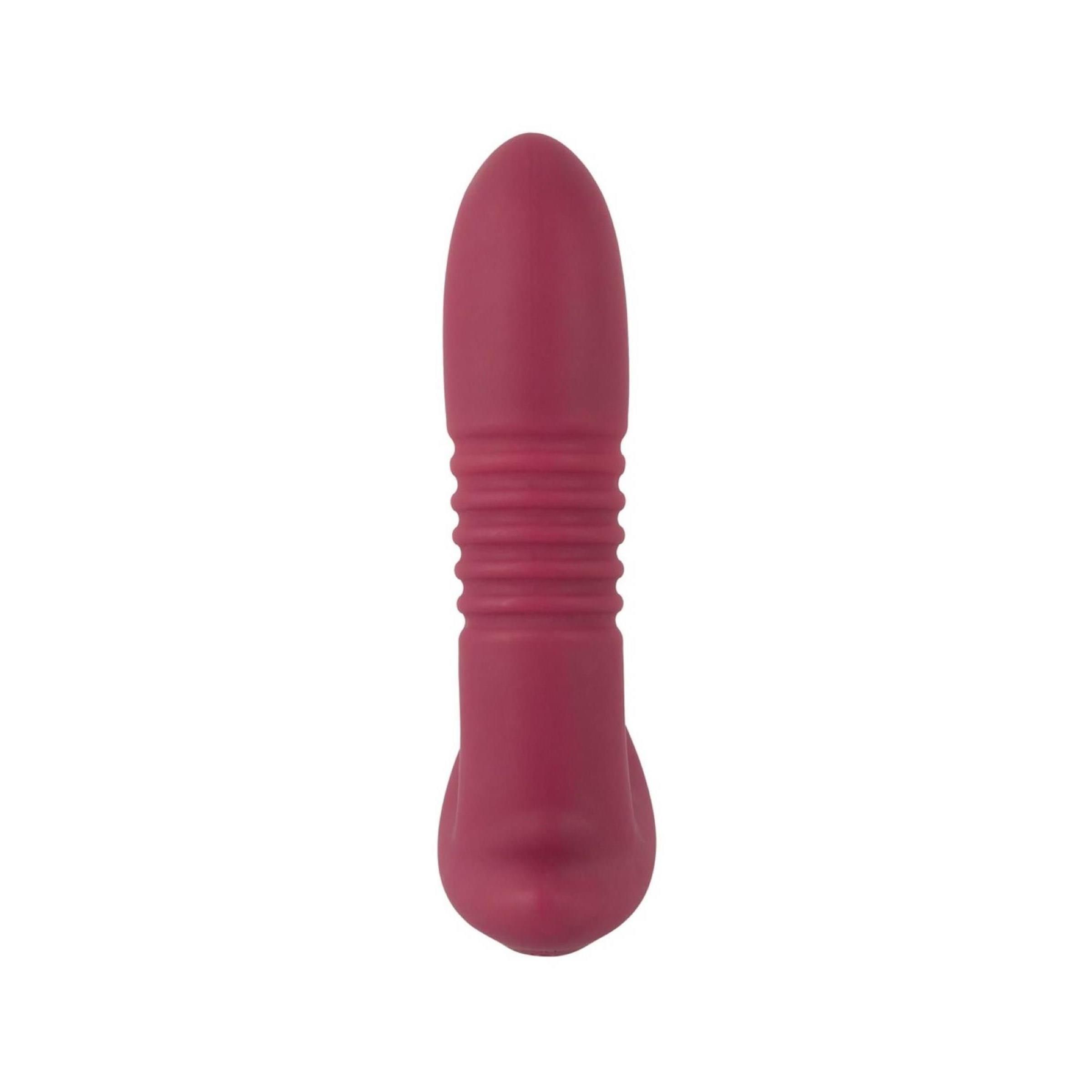 Burgunderfarbener Vibrator mit geriffelter Oberfläche. Zylindrische Form mit abgerundeter Spitze.