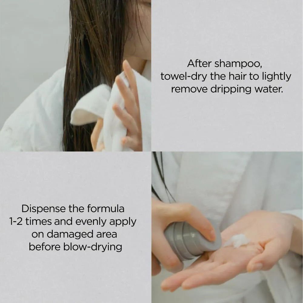 Anwendung von AYUNCHE PRO Deep Repairing Cream: Haare trocknen und Creme auftragen.