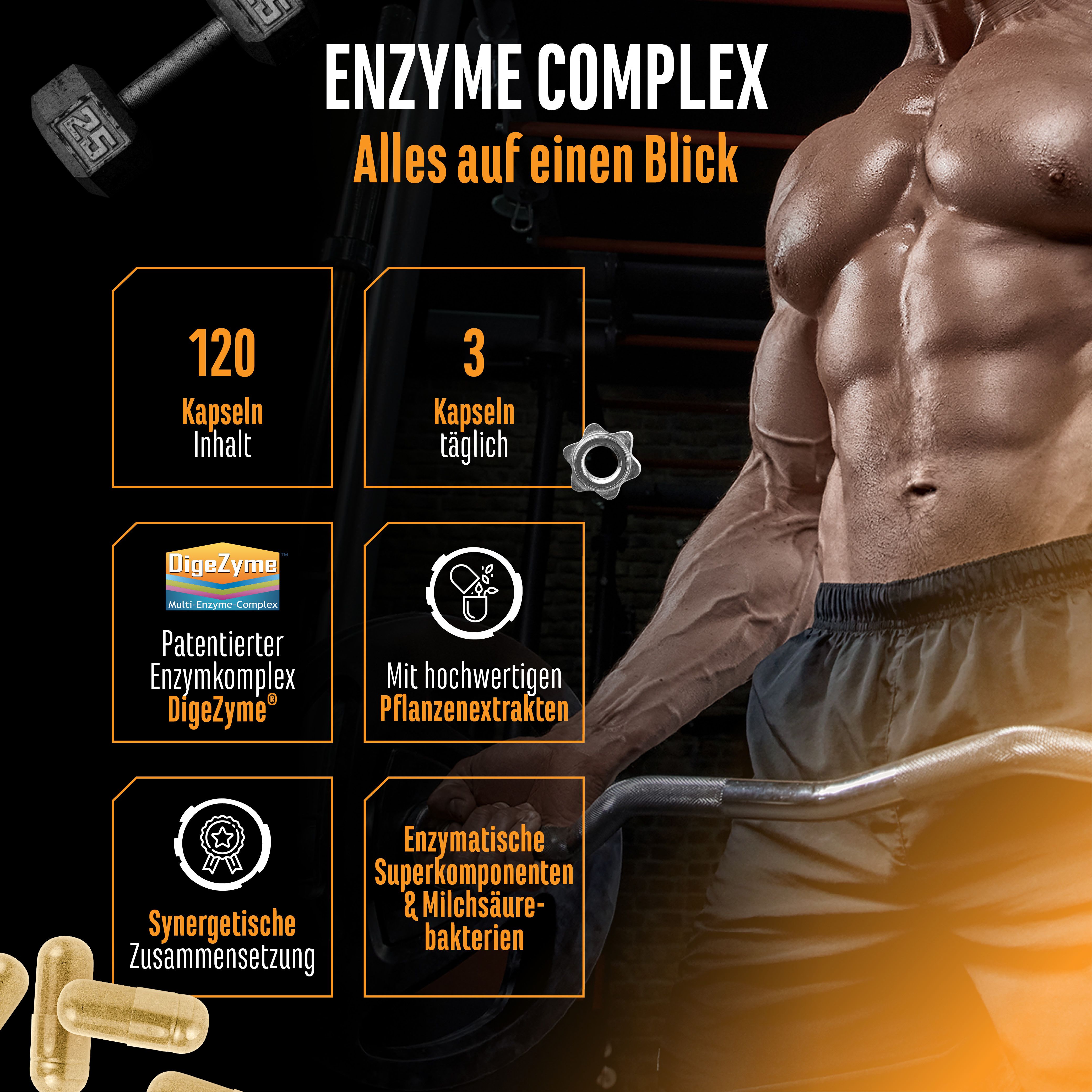 Kapseln mit Aufschrift "ENZYME COMPLEX". Enthält 120 Kapseln. 3 Kapseln täglich. Enthält DigEzyme, pflanzliche Extrakte und Milchsäurebakterien.