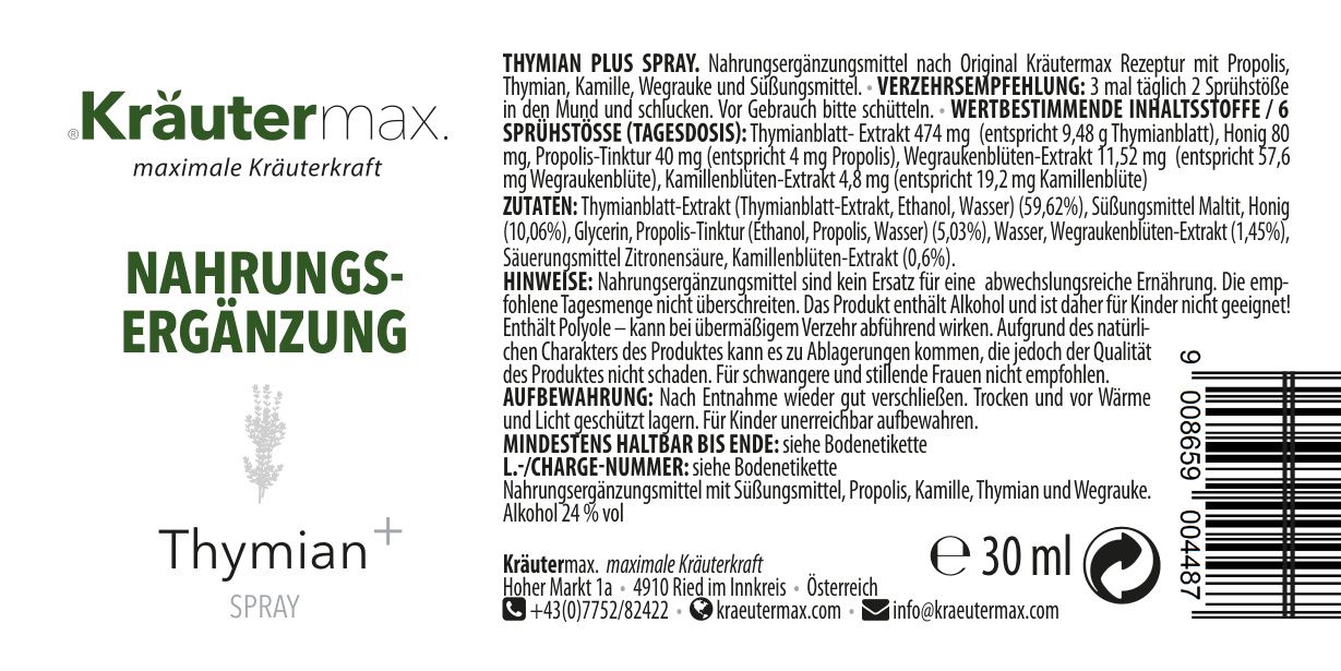 Etikett von Kräutermax Thymian plus Propolis Spray. Text: Nahrungsergänzung, 30 ml, Inhaltsstoffe, Hinweise, Mindesthaltbarkeit, Alkohol 24 % vol.
