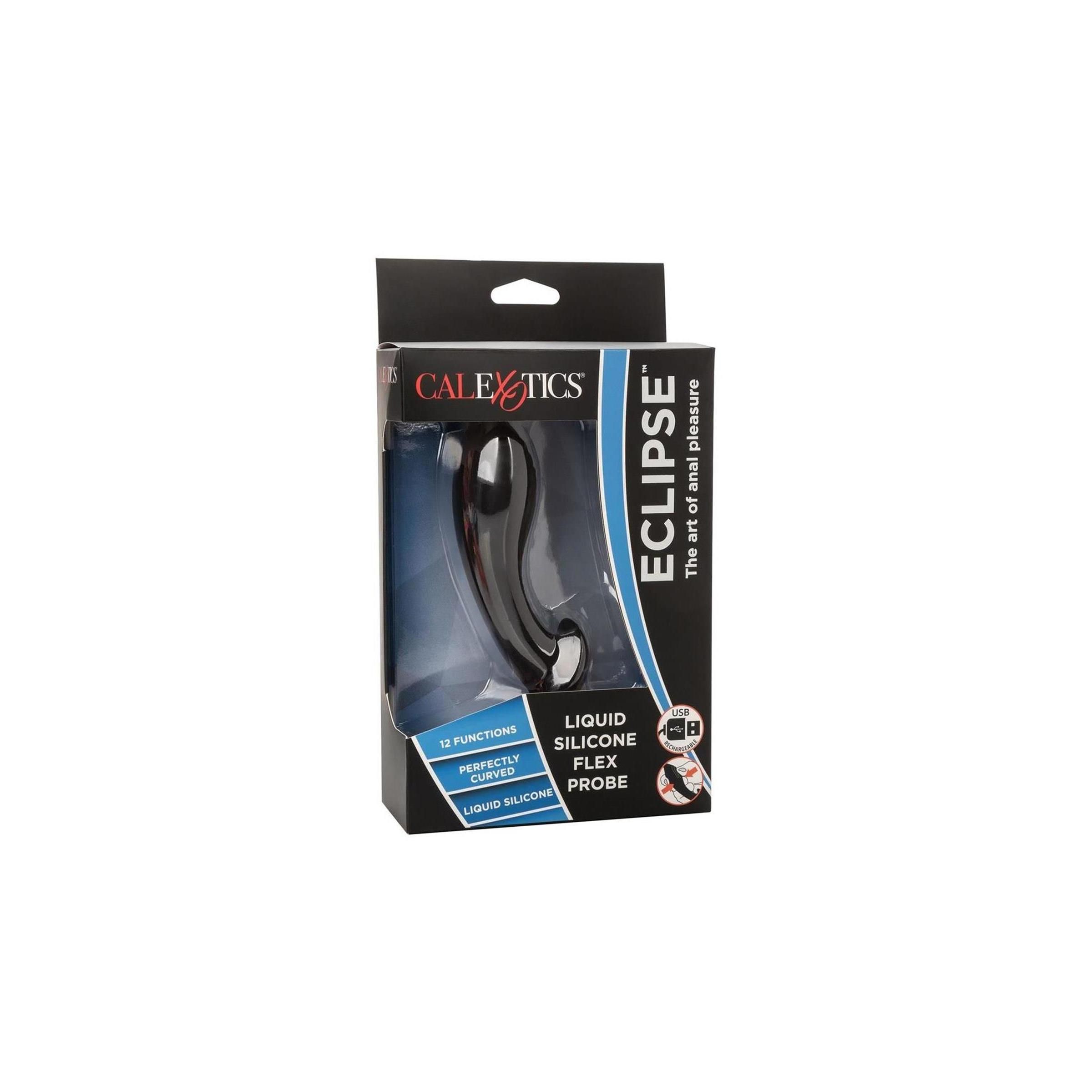 Verpackung mit schwarzem Analspielzeug. Marke Calexotics, Produktname Eclipse. Text: Liquid Silicone Flex Probe.