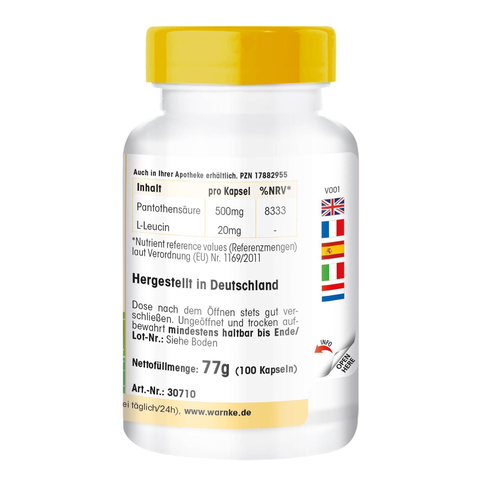 Weiße Flasche mit gelbem Deckel. Text: Pantothensäure 500mg, L-Leucin 20mg. Nettomenge: 77g (100 Kapseln). Hergestellt in Deutschland.