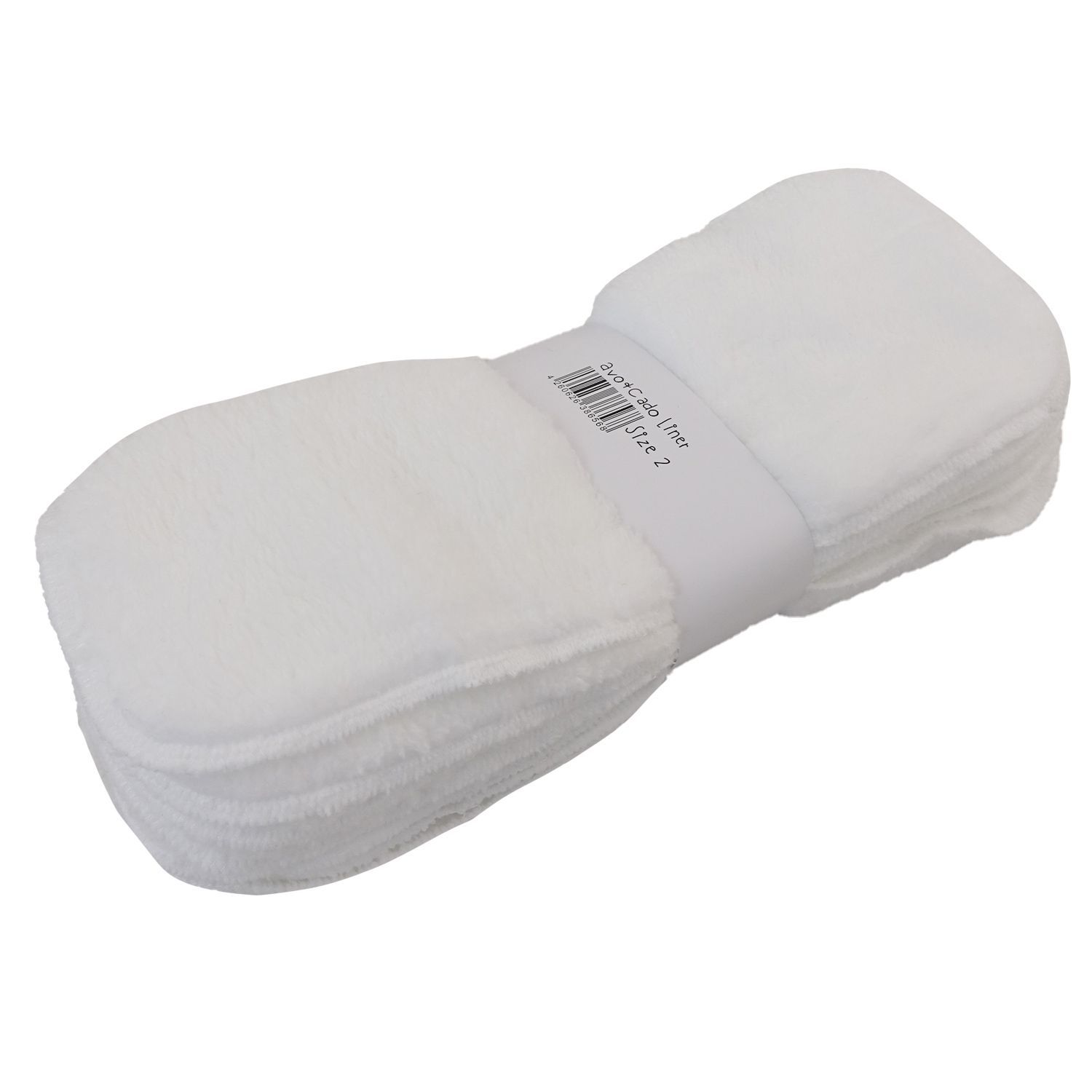 Weiße, rechteckige Windelvlies-Einlagen, zusammengebunden. Auf dem Band steht "avo+cado Liner Size 2".