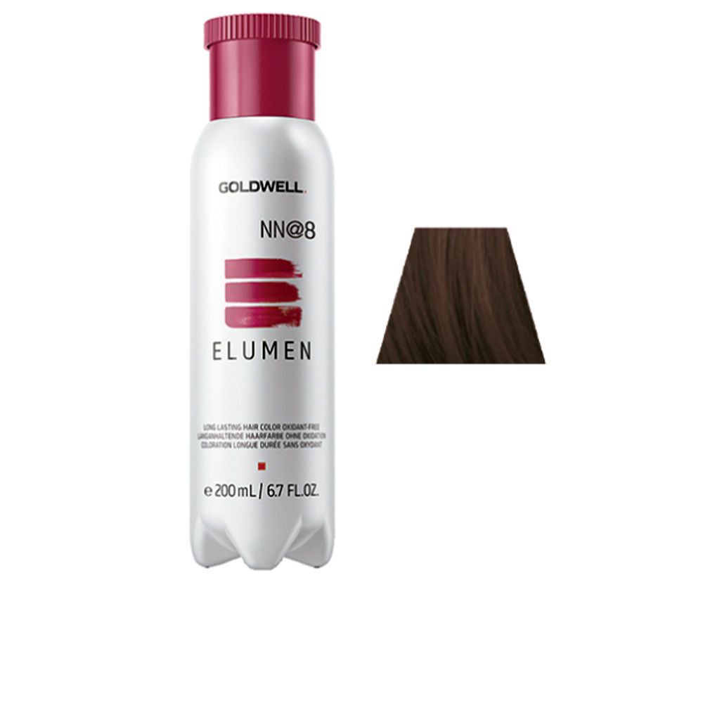 Flasche mit Haarfarbe. Goldwell ELUMEN NN@8. Farbtonprobe rechts. Oxidationsmittelfrei.