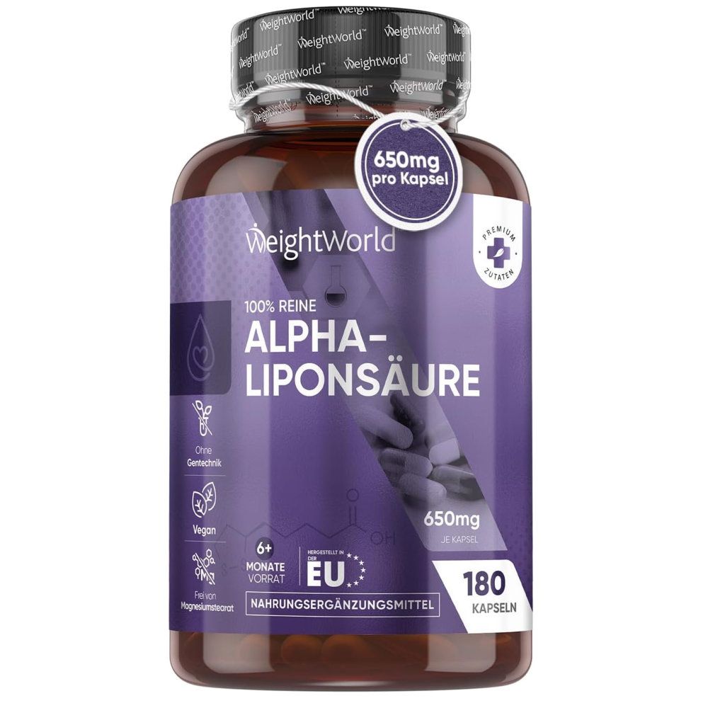 Braune Flasche mit lila Etikett. Enthält Alpha-Liponsäure Kapseln. Aufschrift: WeightWorld, 650mg pro Kapsel, 180 Kapseln.