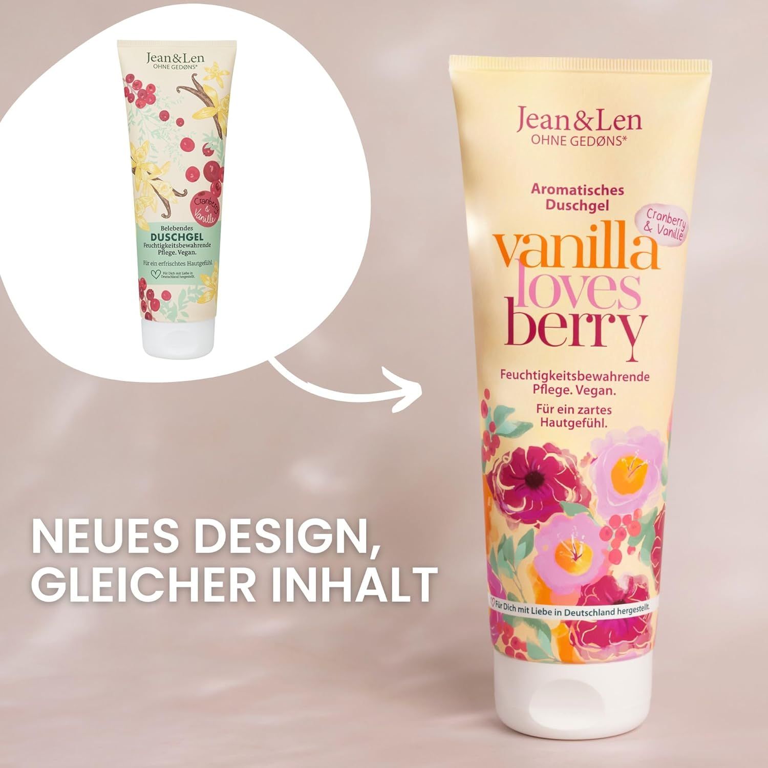 Zwei Tuben "Jean & Len" mit "Vanilla loves Berry". Eine im neuen Design, gleiche Inhaltsstoffe.