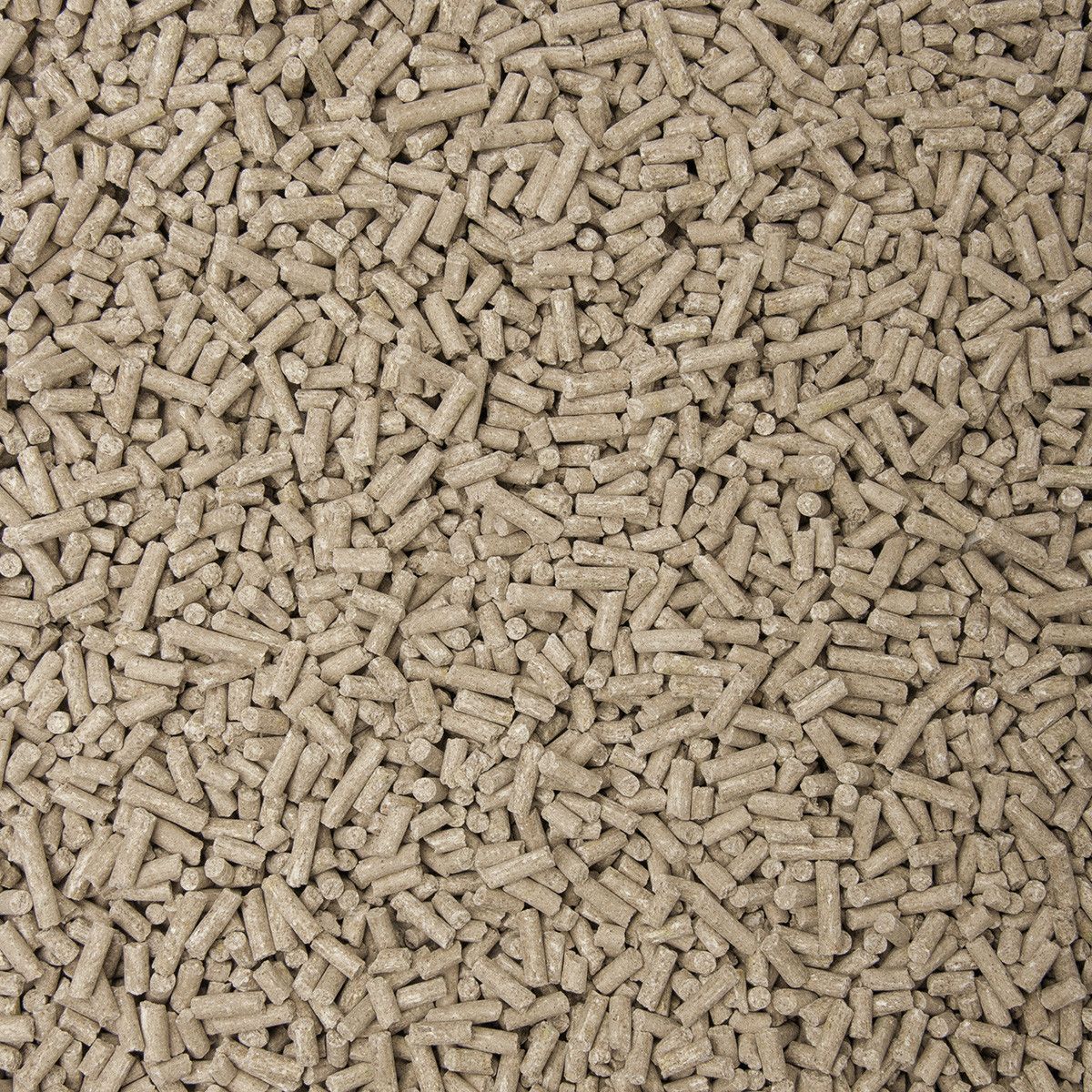 Nahaufnahme von gepressten Pellets. Hellbraune, zylindrische Form. Texturierte Oberfläche.