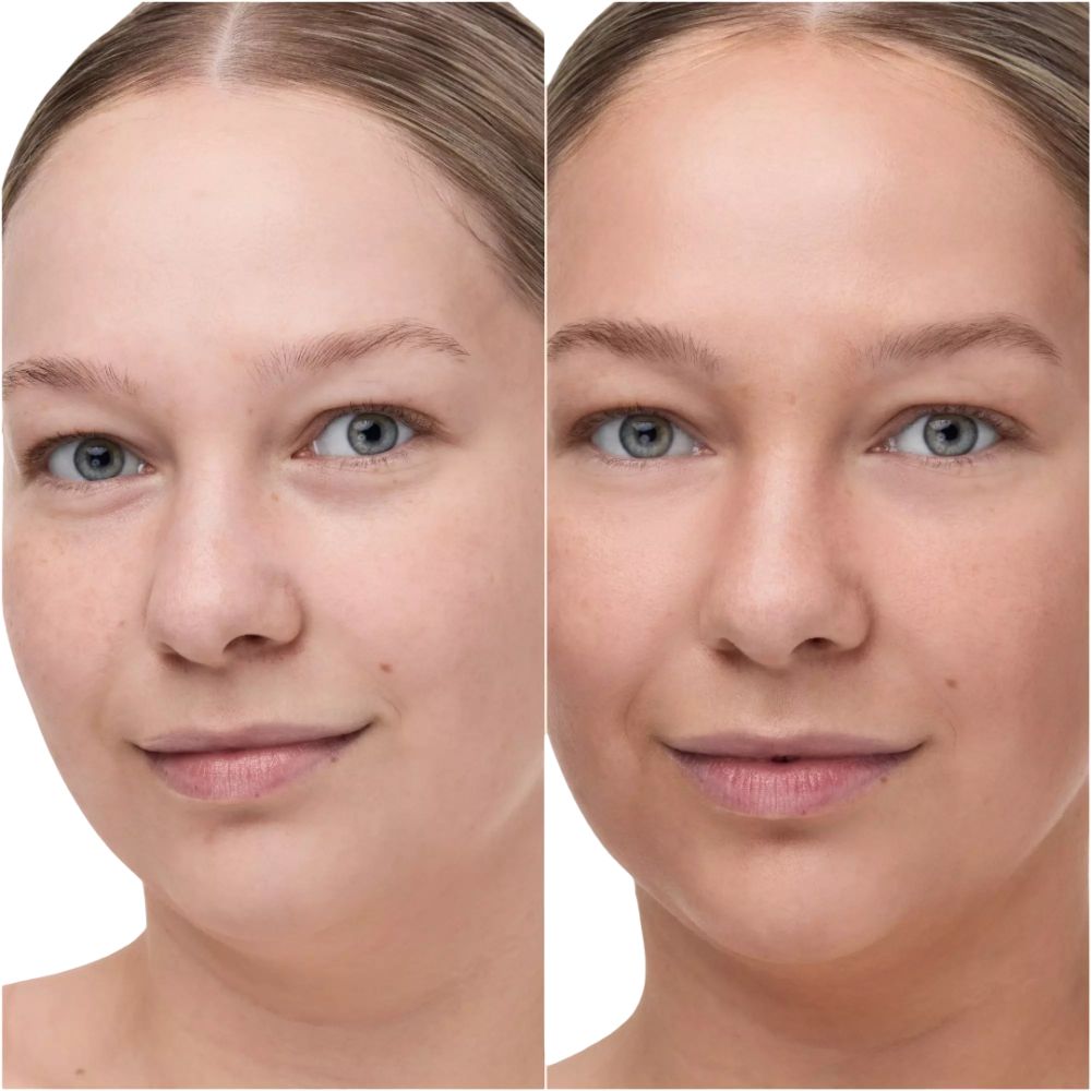 Zwei Gesichter, eines ohne und eines mit gebräunter Haut. 