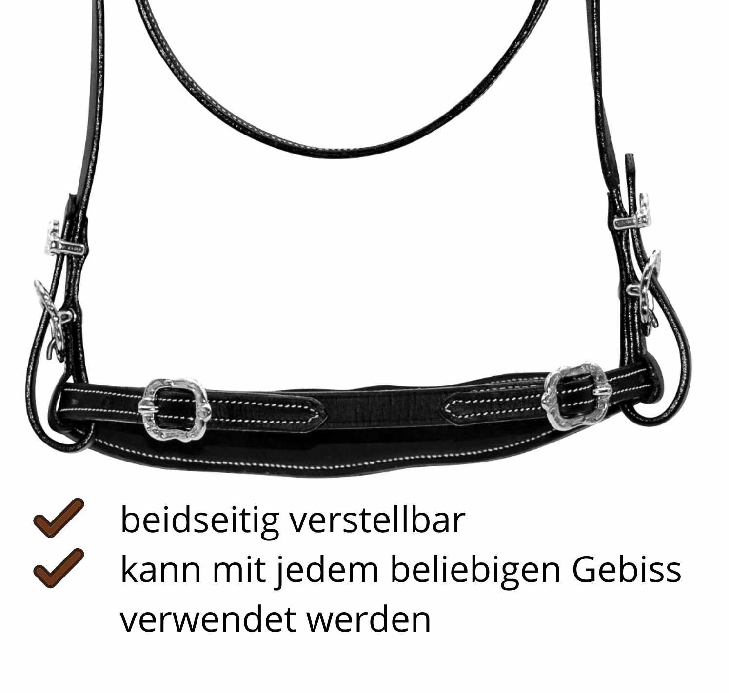 Schwarzer Zaum mit silberfarbenen Schnallen. Detailansicht der Stirnriemen und Backenstücke. Text: beidseitig verstellbar.