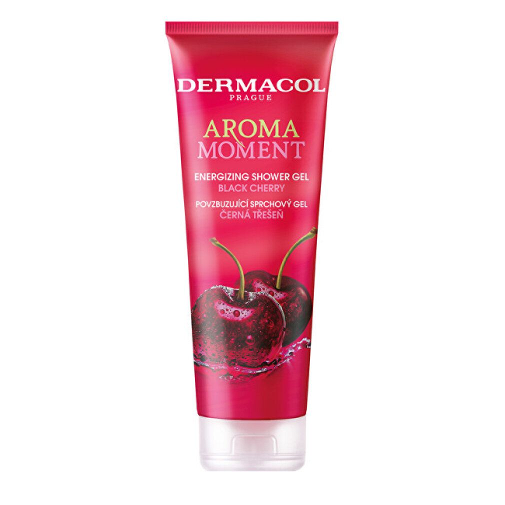 Rote Tube mit Kirschabbildung. Schriftzug: Dermacol Aroma Moment Energizing Shower Gel Black Cherry.