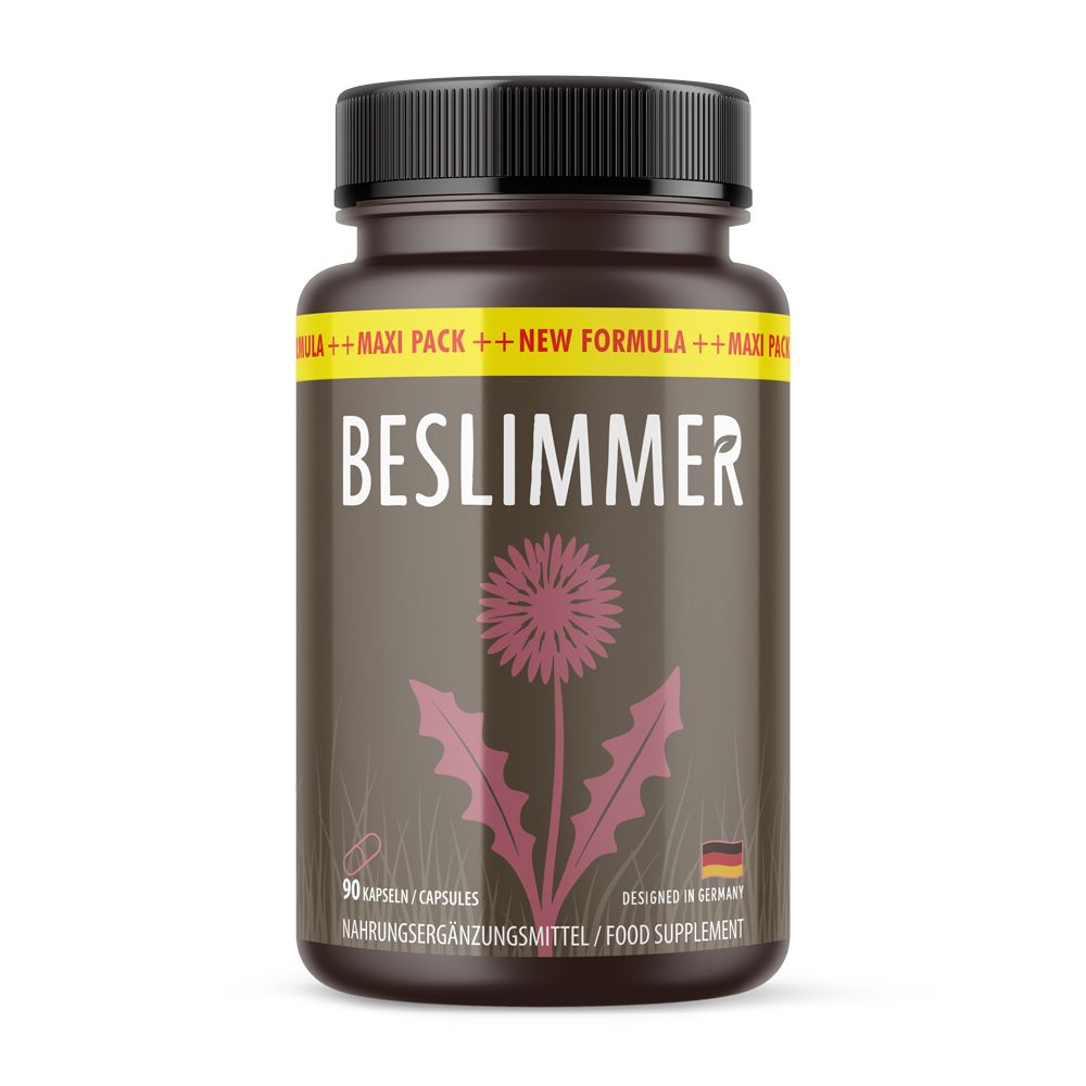 Braune Flasche mit schwarzem Deckel. Aufschrift: BESLIMMER. 90 Kapseln. Nahrungsergänzungsmittel. Design in Deutschland. Abbildung einer Blume.